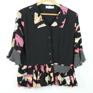 Vintage Y2K Top Quirky Novelty Ruffle‎ Peplum Maximalist Multicolor Artsy Medium